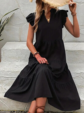 SUPPLİERBY Kadın Kısa Kollu V Yakalı Geniş Kesim Uzun Trikoton Elbise