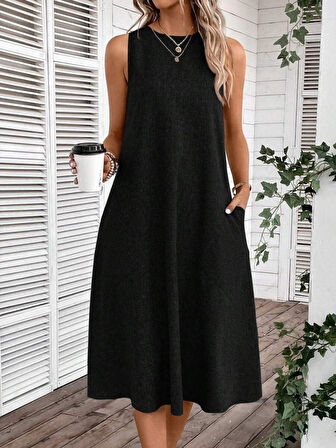 SUPPLİERBY Kadın Kolsuz Bisiklet Yaka Cepli Midi Keten Elbise