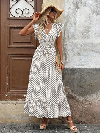 SUPPLİERBY Kadın Kısa Kelebek Kollu Kruvaze Yakalı Desenli Süprem Elbise