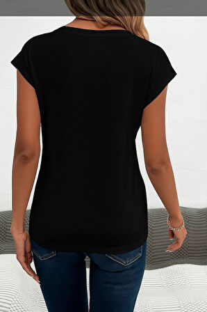 SUPPLİERBY Kadın Kısa Kollu V Yakalı Kalp Desen Viskon Bluz