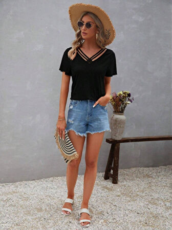 SUPPLİERBY Kadın Kısa Kollu V şerit Yakalı Viskon Bluz