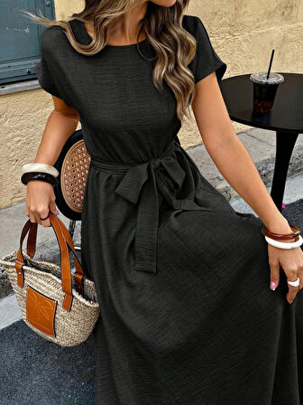 SUPPLİERBY Kadın Kısa Kollu Kayık Yaka Beli Kuşaklı Aerobin Elbise