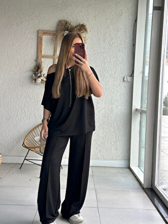 SUPPLİERBY Kadın Tek Omuzdan Açık Geniş Kesim Viskon Iki Iplik Bluz Ve Pantolon Ikili Takım