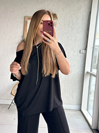 SUPPLİERBY Kadın Tek Omuzdan Açık Geniş Kesim Viskon Iki Iplik Bluz Ve Pantolon Ikili Takım