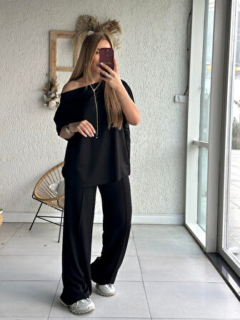 SUPPLİERBY Kadın Tek Omuzdan Açık Geniş Kesim Viskon Iki Iplik Bluz Ve Pantolon Ikili Takım