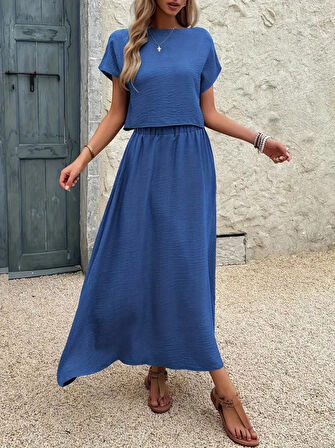 SUPPLİERBY Kadın Kısa Kollu Bisiklet Yaka Bluz Etekli Ithal Keten Ikili Takım