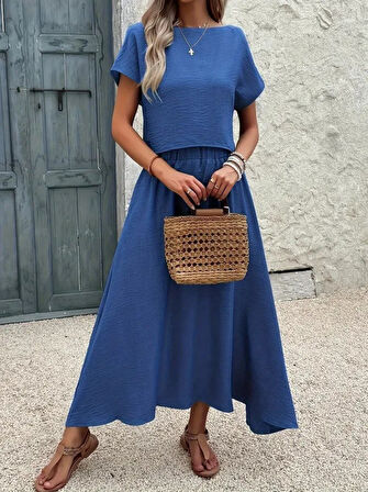 SUPPLİERBY Kadın Kısa Kollu Bisiklet Yaka Bluz Etekli Ithal Keten Ikili Takım