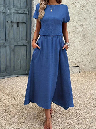 SUPPLİERBY Kadın Kısa Kollu Bisiklet Yaka Bluz Etekli Ithal Keten Ikili Takım