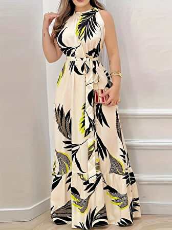 SUPPLİERBY Kadın Sıfır Kok Bağcıklı Kemerli Etek Ucu Fırfırlı Desenli Süprem Elbise