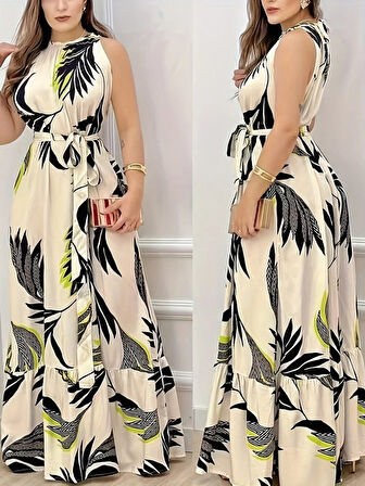 SUPPLİERBY Kadın Sıfır Kok Bağcıklı Kemerli Etek Ucu Fırfırlı Desenli Süprem Elbise