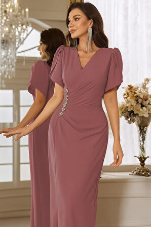 SUPPLİERBY Kadın Kısa Kollu Kruvaze Yakalı Belden çiçek Aksesuarlı Yırtmaçlı Ithal Krep Elbise