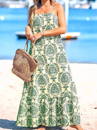 SUPPLİERBY Kadın Ip Askılı Desenli Fırfırlı Süprem Elbise