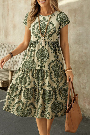 SUPPLİERBY Kadın Kısa Kollu Bisiklet Yaka Desenli Fırfırlı Süprem Elbise