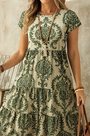 SUPPLİERBY Kadın Kısa Kollu Bisiklet Yaka Desenli Fırfırlı Süprem Elbise