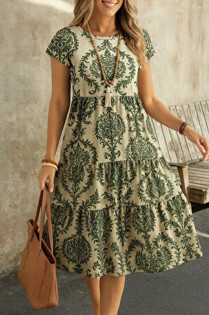 SUPPLİERBY Kadın Kısa Kollu Bisiklet Yaka Desenli Fırfırlı Süprem Elbise