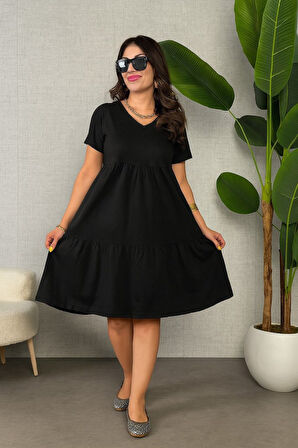 SUPPLİERBY Kadın Kısa Kollu V Yakalı Viskon Elbise