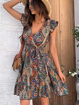 SUPPLİERBY Kadın Kısa Kelebek Kollu Kruvaze Yakalı Süprem Elbise