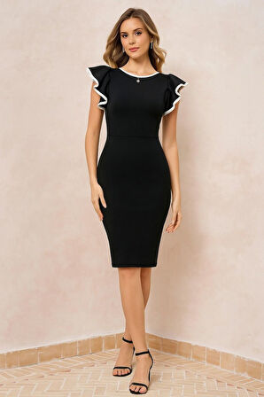 SUPPLİERBY Kadın Kısa Kollu Bisiklet Yaka Yırtmaçlı Ithal Krep Elbise