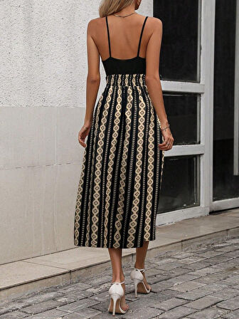 SUPPLİERBY Kadın Ip Askılı Kruvaze Yakalı üst Viskon Alt Desenli Süprem Elbise