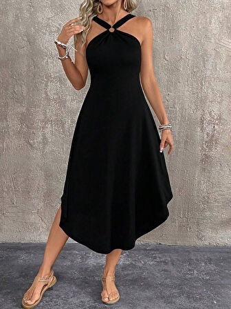 SUPPLİERBY Kadın Boyundan çapraz Askılı Halka Detaylı Asimetrik Kesim Viskon Elbise