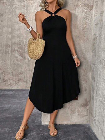 SUPPLİERBY Kadın Boyundan çapraz Askılı Halka Detaylı Asimetrik Kesim Viskon Elbise