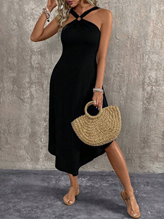 SUPPLİERBY Kadın Boyundan çapraz Askılı Halka Detaylı Asimetrik Kesim Viskon Elbise