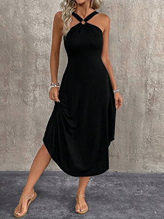 SUPPLİERBY Kadın Boyundan çapraz Askılı Halka Detaylı Asimetrik Kesim Viskon Elbise