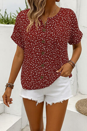 SUPPLİERBY Kadın Kısa Kollu çentikli V Yaka Ve Düğme Detaylı çiçek Desenli Süprem Bluz