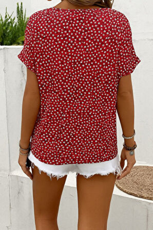 SUPPLİERBY Kadın Kısa Kollu çentikli V Yaka Ve Düğme Detaylı çiçek Desenli Süprem Bluz