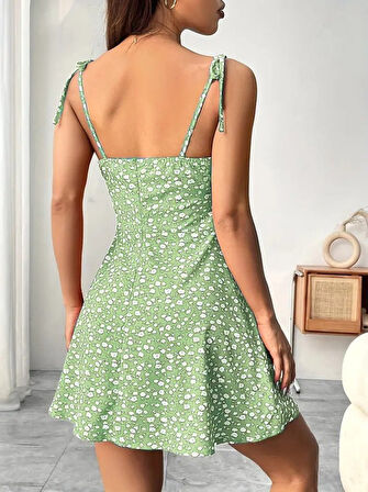 SUPPLİERBY Kadın Askılı Büzgü Detaylı Kare Yaka çiçek Desenli Mini Süprem Elbise