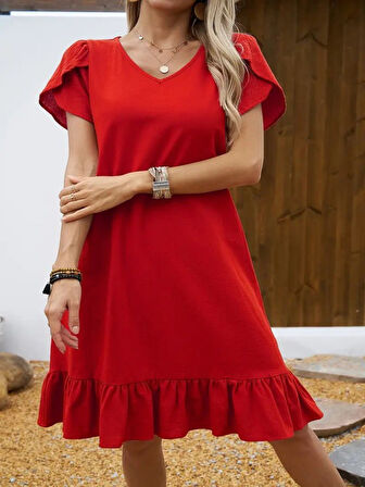 SUPPLİERBY Kadın Kısa Kollu Bisiklet Yaka Fırfırlı Aerobin Elbise