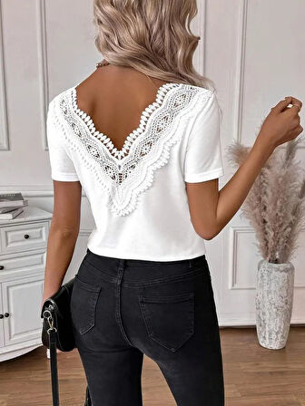 SUPPLİERBY Kadın Kısa Kollu V Yakalı Arkası Dantelli Viskon Bluz