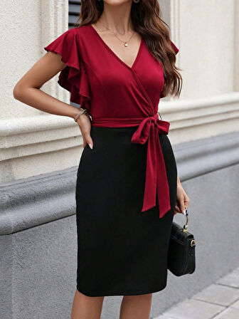 SUPPLİERBY Kadın Kısa Kelebek Kollu Kruvaze Yakalı çift Renkli Kuşaklı Ithal Krep Elbise