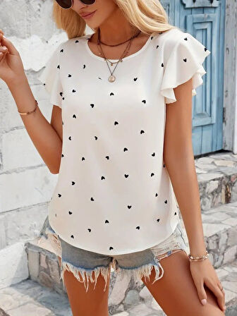 SUPPLİERBY Kadın Kısa Kelebek Kollu Bisiklet Yaka Kalp Desenli Süprem Bluz