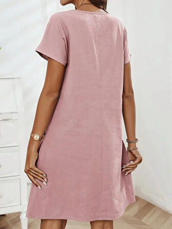 SUPPLİERBY Kadın Kısa Kollu Yakası Açık Fermuarlı Cep Detaylı Ithal Keten Elbise