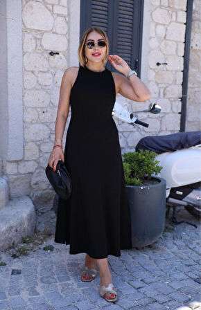 SUPPLİERBY Kadın Omuzlardan Açık Arkadan Aksesuar Detaylı Yırtmaçlı Janjan Krep Elbise