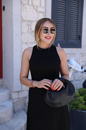 SUPPLİERBY Kadın Omuzlardan Açık Arkadan Aksesuar Detaylı Yırtmaçlı Janjan Krep Elbise