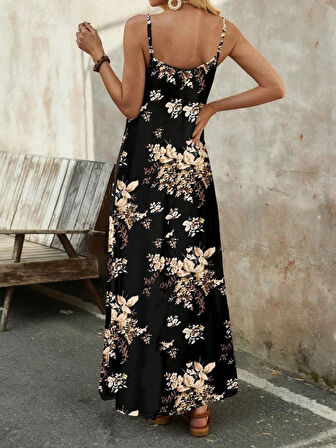 SUPPLİERBY Kadın Ip Askılı V Yakalı çiçek Desenli Süprem Elbise