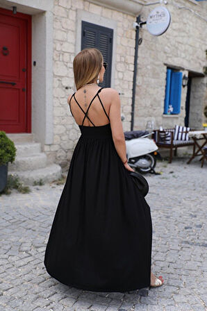 SUPPLİERBY Kadın Sırttan çapraz Bağcıklı Yırtmaçlı Cepli Viskon Elbise