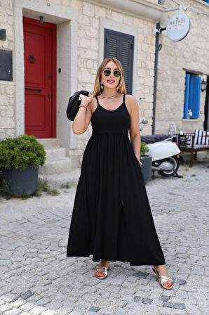 SUPPLİERBY Kadın Sırttan çapraz Bağcıklı Yırtmaçlı Cepli Viskon Elbise