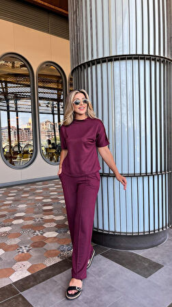 SUPPLİERBY Kadın Kısa Kollu Bisiklet Yaka Omuzdan Düğmeli Viskon Iki Iplik Kısa Bluz Ve Pantolon Ikili Takım