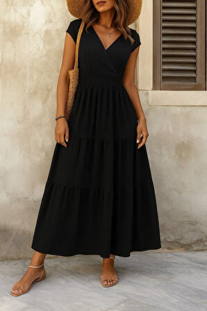 SUPPLİERBY Kadın Kısa Kollu Kruvaze Yaka Beli Lastikli Süprem Maksi Boy Elbise