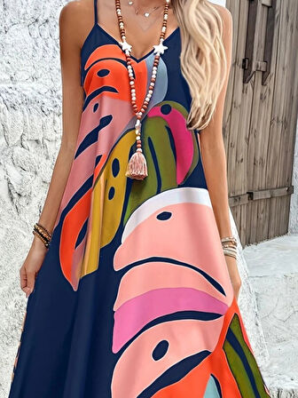 SUPPLİERBY Kadın Ip Askılı V Yakalı Desenli Süprem Maxi Elbise