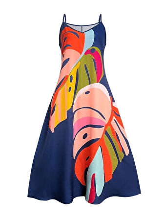 SUPPLİERBY Kadın Ip Askılı V Yakalı Desenli Süprem Maxi Elbise