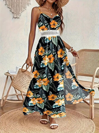 SUPPLİERBY Kadın Ip Askılı V Yakalı Bel Güpür çiçek Desenli Yandan Yırtmaçlı Maksi Süprem Elbise