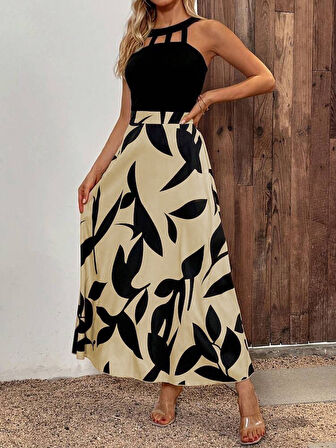 SUPPLİERBY Kadın Sıfır Kollu Yakadan şeritli Omuzlardan Açık Janjan Krep Desenli Al Dalgıç Maxi Elbise