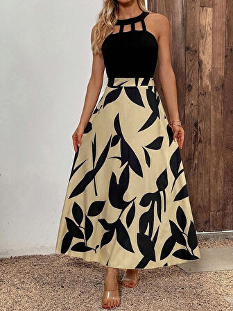 SUPPLİERBY Kadın Sıfır Kollu Yakadan şeritli Omuzlardan Açık Janjan Krep Desenli Al Dalgıç Maxi Elbise