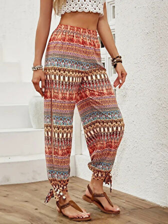 SUPPLİERBY Kadın Yüksek Belli Yanlardan Yırtmaç Detaylı Desenli Bürümcük Pantolon