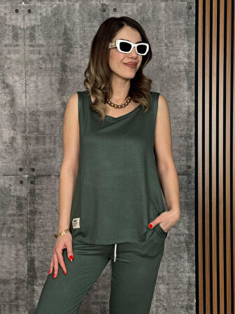 SUPPLİERBY Kadın Askılı Yuvarlak Yaka Viskon Iki Iplik Bluz Ve Eşofman Altı Ikili Takım