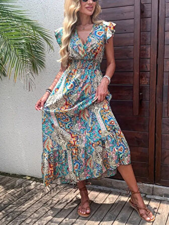 SUPPLİERBY Kadın Kısa Kollu Kruvaze Yakalı Desenli Maxi Elbise